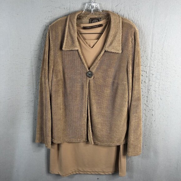 Double D Ranch Skirt Set Womens L Tan Slinky Travel Knit 3 Piece Boho Sweater